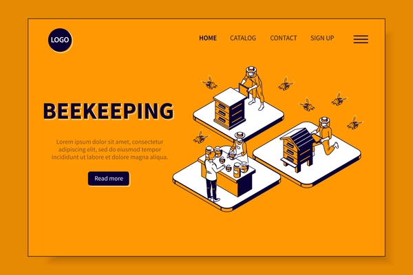 Beekeeping isometric web site page with beekeeper characters hives honey and clickable links with editable text vector illustration