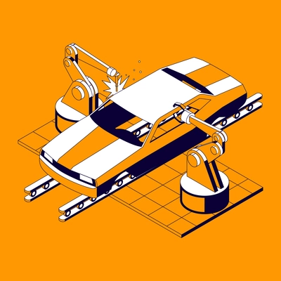 Car parts isometric composition with view of car body being assembled by manipulator arms plant facility vector illustration