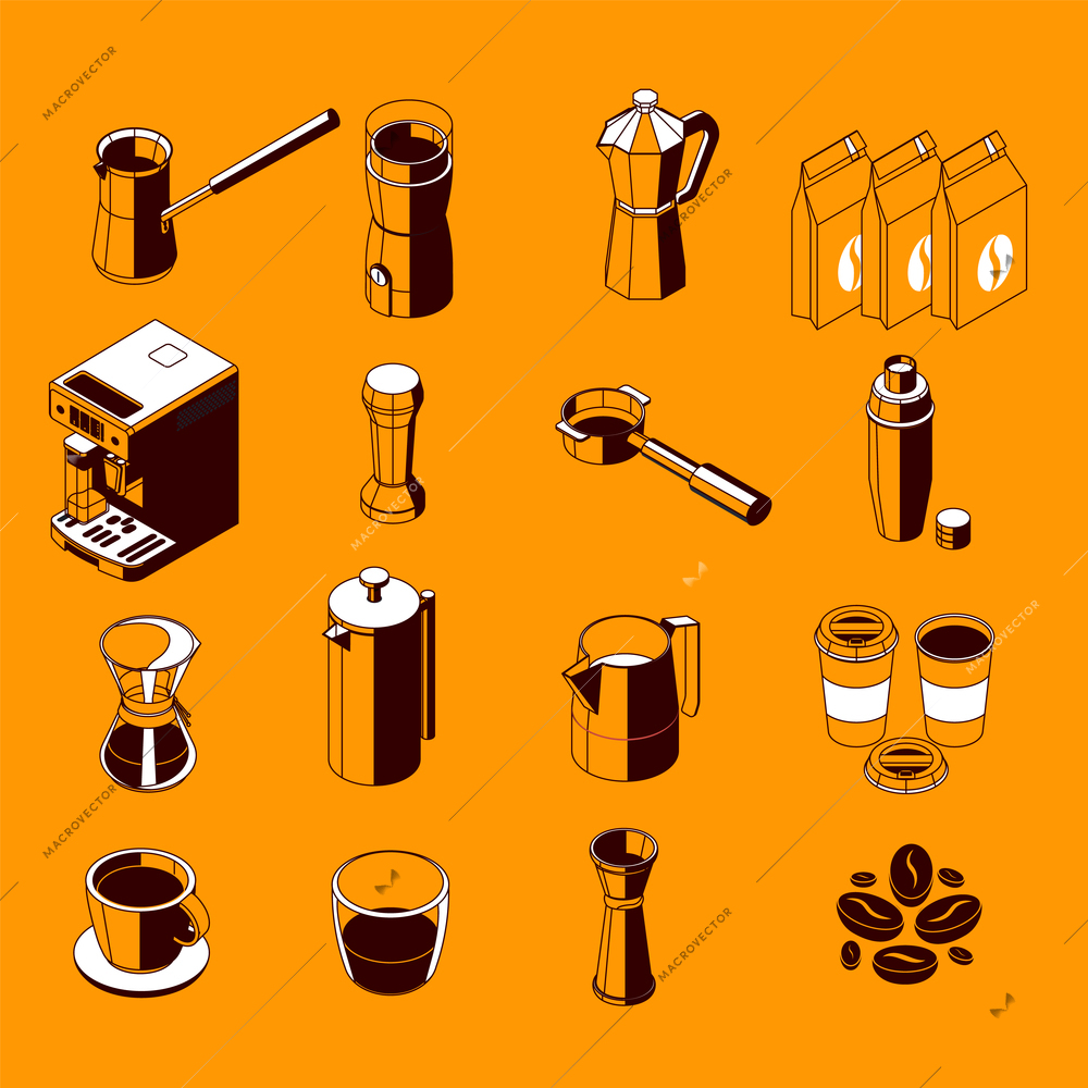 Coffee set of isometric monochrome icons and isolated images of coffee ware with beans and cups vector illustration