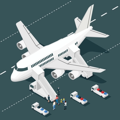 Airplane onboarding isometric composition with isolated view of aircraft with airstairs truck stewards and passenger characters vector illustration