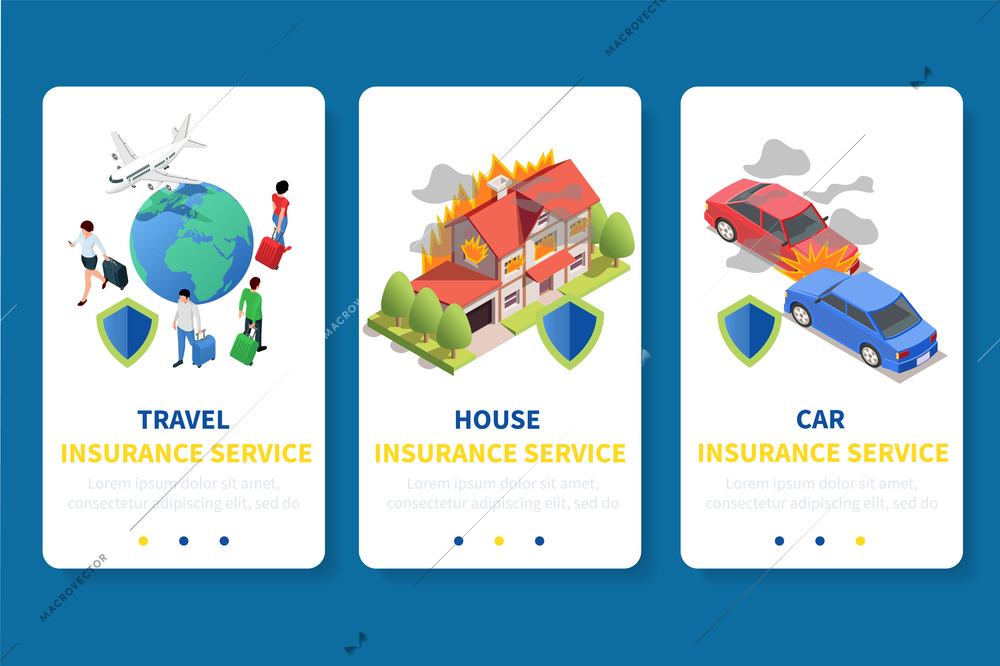 Insurance app design isometric set of three vertical banners with page switch buttons images and text vector illustration