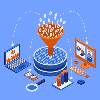 Isometric flowchart in which big data is collected in a funnel and distributed across digital devices vector illustration