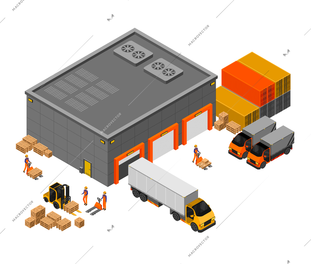 Shipment of goods to trucks from the warehouse and work of forklift trucks vector isometric illustration