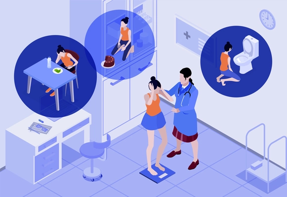 Isometric eating disorder composition with view of doctors office with patient dreaming of food and vomiting vector illustration