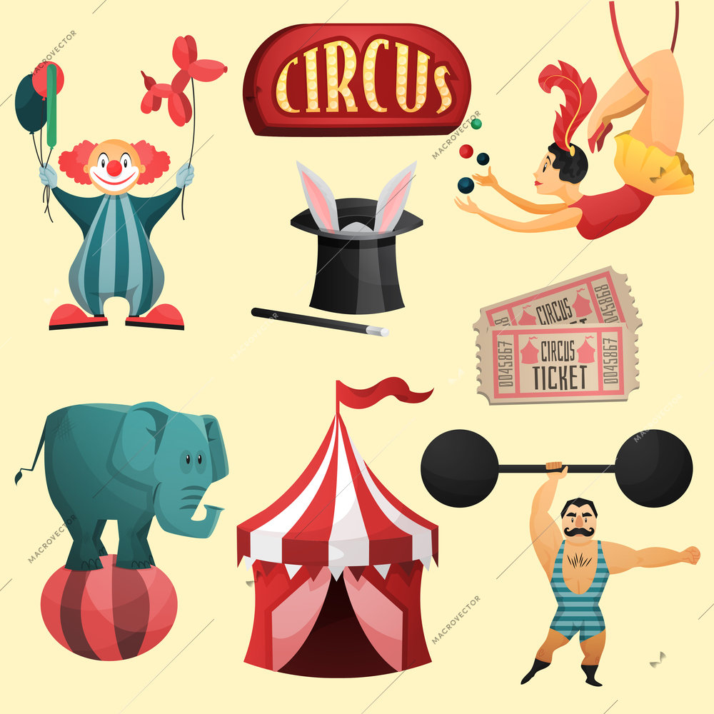 Circus decorative set with tent clown magic hat isolated vector illustration