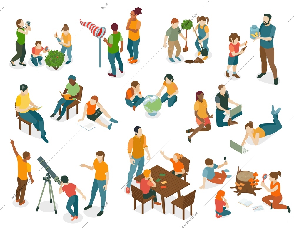 Isometric nature study set with isolated icons and human characters of children and adults educational activities vector illustration