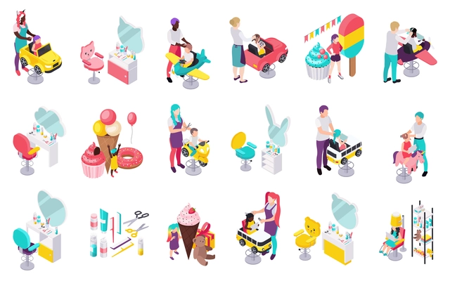 Children hairdresser beauty salon isometric set of isolated icons with tools seats and toys with people vector illustration