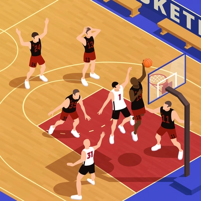 Basketball isometric composition with view of court during team game with player throwing ball into basket vector illustration