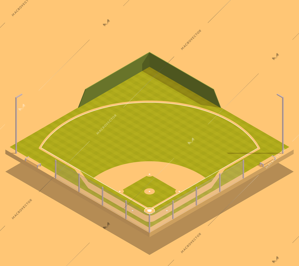 Baseball isometric composition with view of empty ball field covered with grass with poles and diamond vector illustration