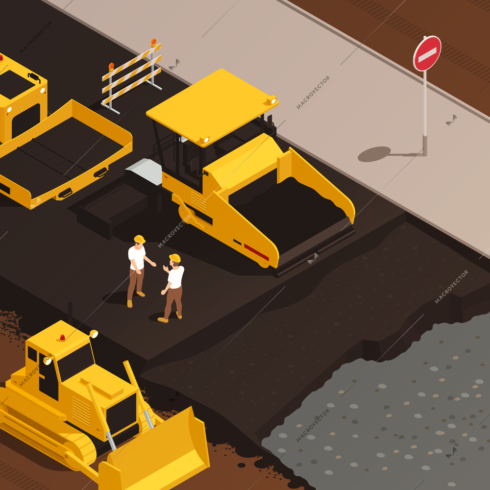 Road construction isometric composition with view of two human workers beyond road machinery surfacing with asphalt vector illustration