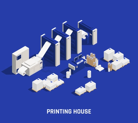 Printing house isometric composition with text and images of printers with paper rolls stacks and computers vector illustration