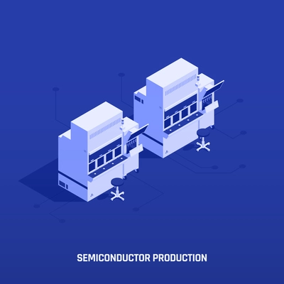 Semiconductor electronic components isometric composition with editable text and view of two work stations with stools vector illustration