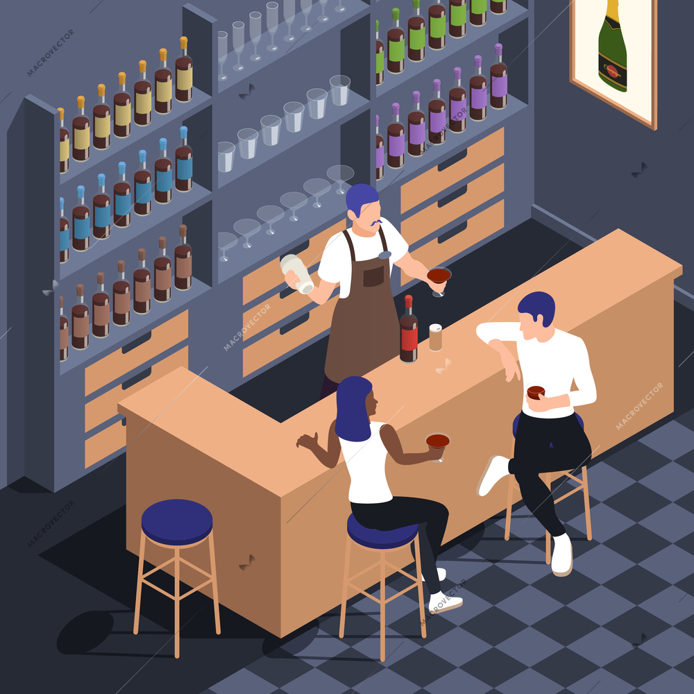 Sitting people isometric composition with indoor view of bar with bartender at counter and two guests vector illustration