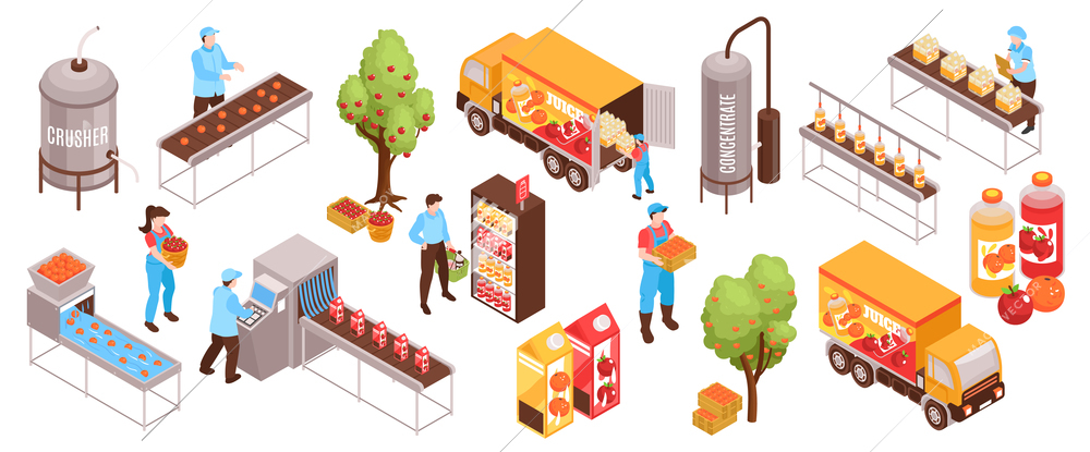 Isometric juice production color set of isolated icons with trees conveyor lines trucks bottles and workers vector illustration