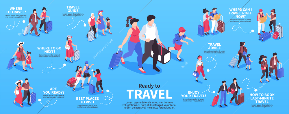 Isometric travel people infographics with isolated characters of tourists with bags suitcases and editable text captions vector illustration