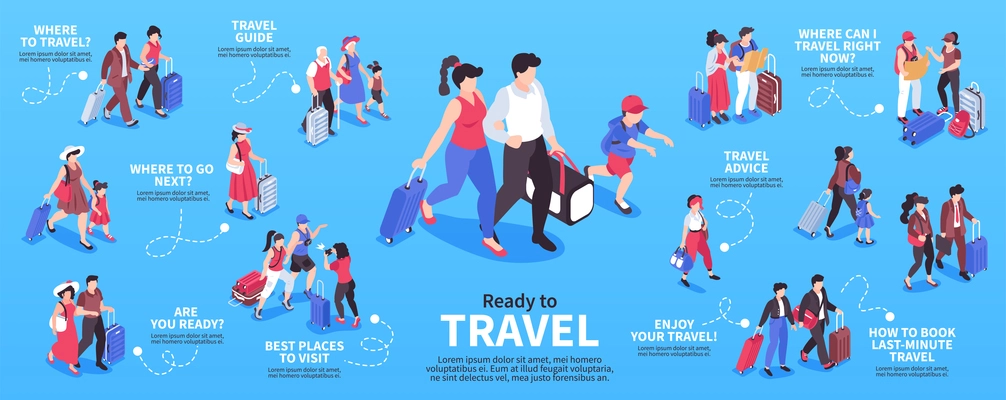 Isometric travel people infographics with isolated characters of tourists with bags suitcases and editable text captions vector illustration