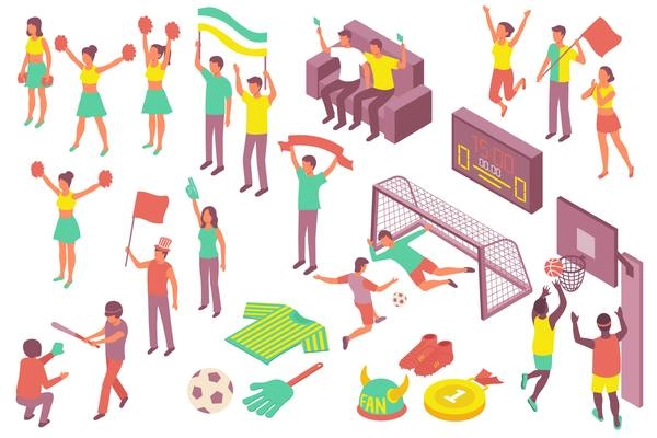 Set of isometric icons with soccer and basketball competitions and fans supporting athletes isolated vector illustration