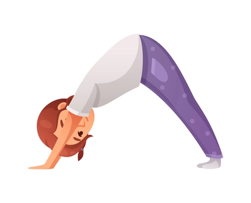 Kids yoga composition with character of cartoon girl in downward facing dog pose on blank background vector illustration