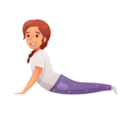 Kids yoga composition with isolated character of cartoon girl in cobra pose on blank background vector illustration