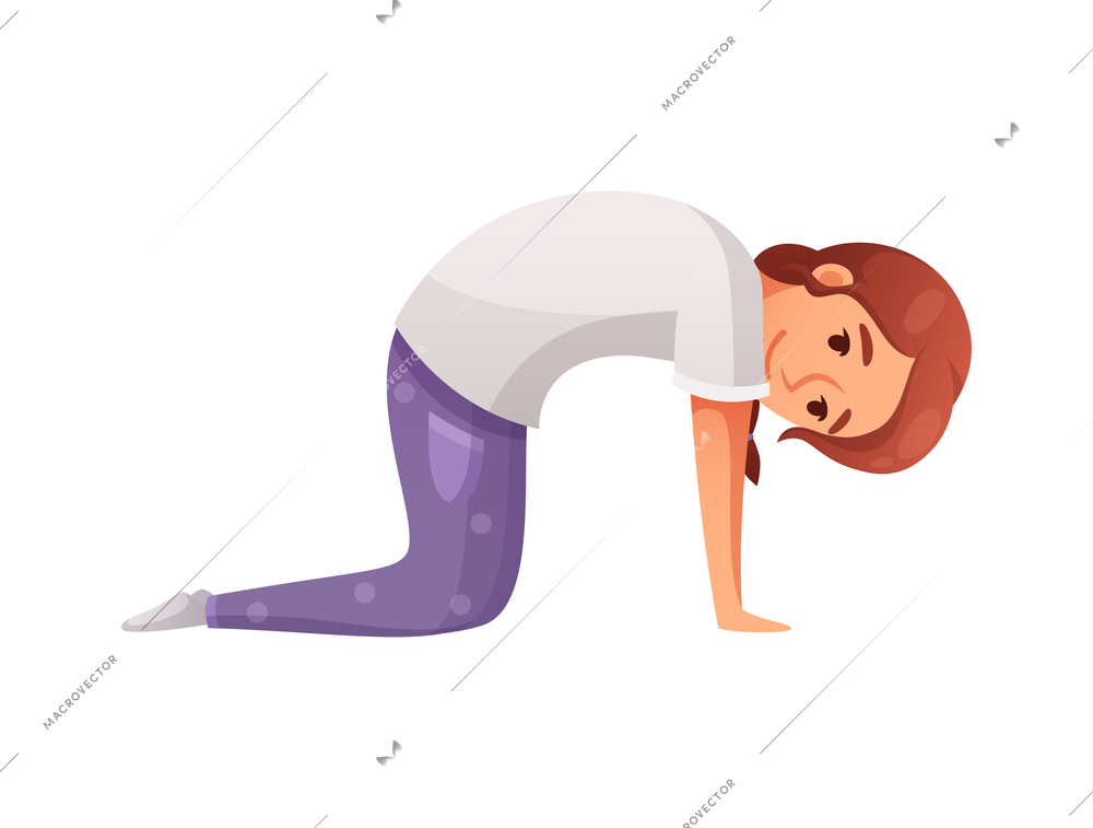 Kids yoga composition with isolated character of cartoon girl in cat pose on blank background vector illustration