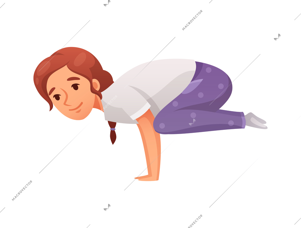 Kids yoga composition with isolated character of cartoon girl in crow pose on blank background vector illustration