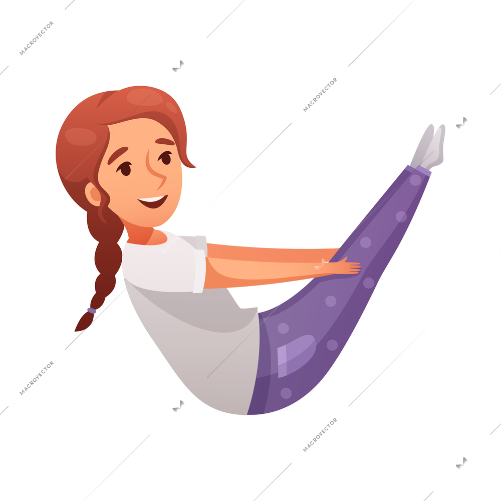 Kids yoga composition with isolated character of cartoon girl in boat pose on blank background vector illustration