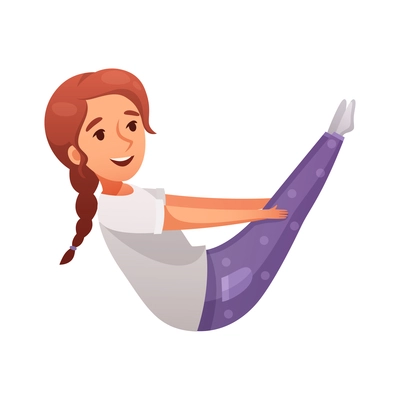 Kids yoga composition with isolated character of cartoon girl in boat pose on blank background vector illustration