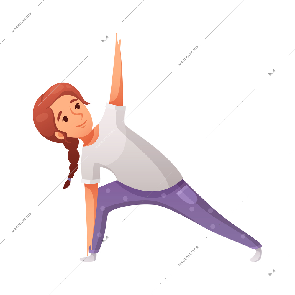 Kids yoga composition with character of cartoon girl in extended side angle pose on blank background vector illustration