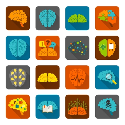 Brain thinking strategy brainstorming intelligence and creativity icons flat set isolated vector illustration