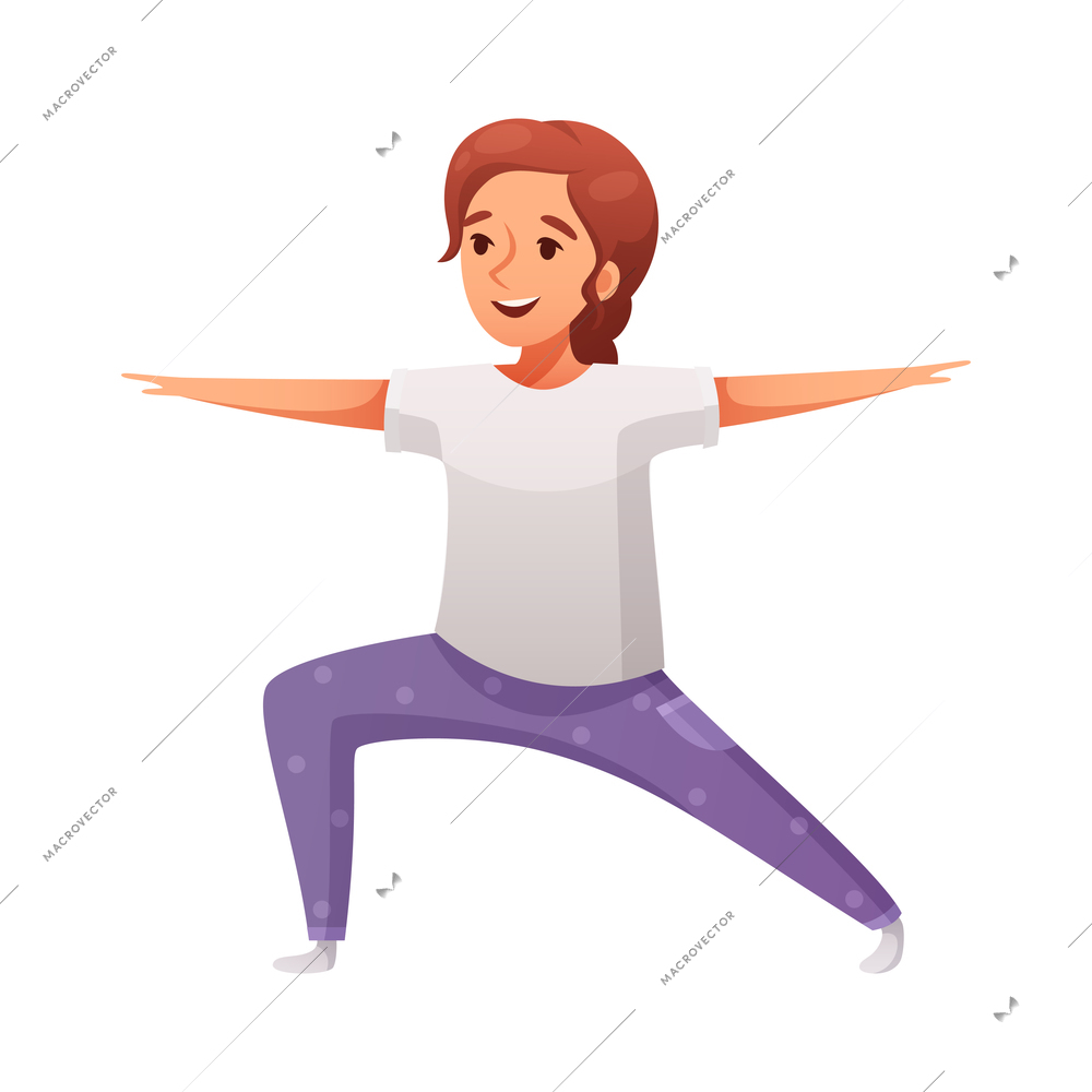 Kids yoga composition with isolated character of cartoon girl in warrior pose on blank background vector illustration