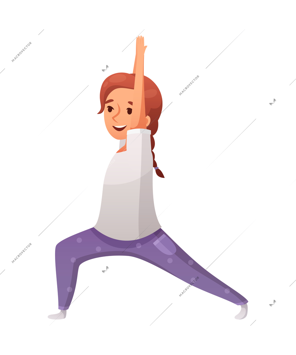 Kids yoga composition with isolated character of cartoon girl in warrior pose on blank background vector illustration
