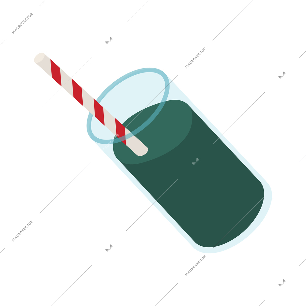 Spirulina isometric composition with isolated image of glass with drinking straw and green cocktail vector illustration
