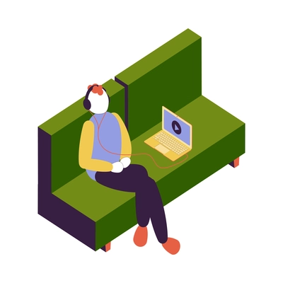 Hostel isometric composition with isolated character of guest sitting on sofa listening to music in laptop vector illustration