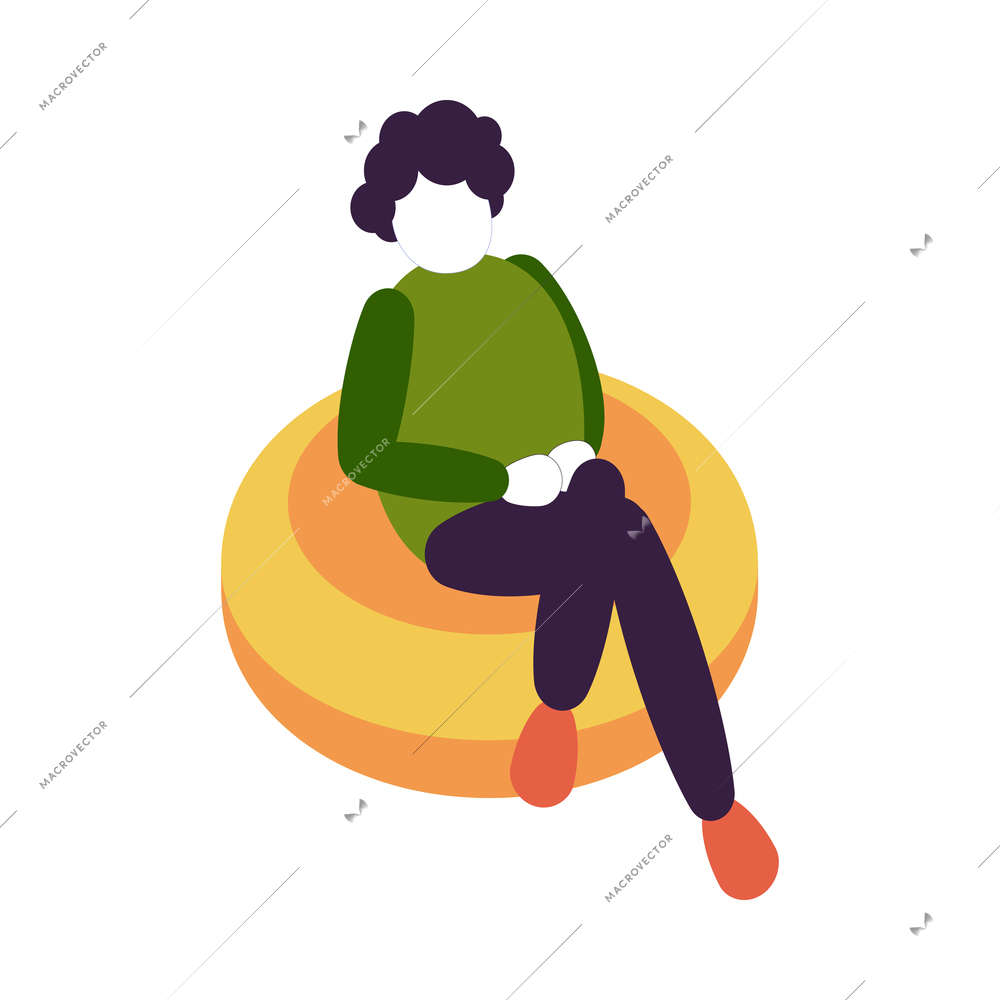 Hostel isometric composition with isolated image of soft chair with sitting guest on blank background vector illustration