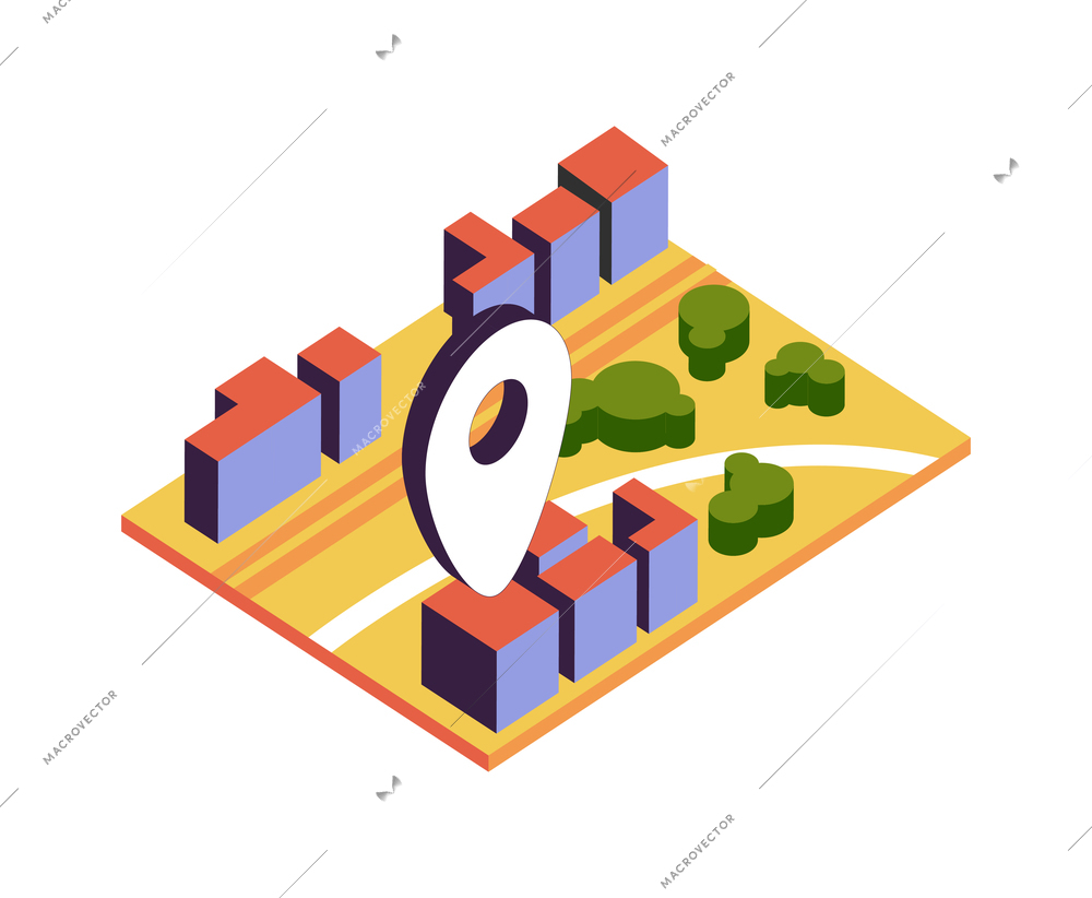 Hostel isometric composition with isolated image of 3d map with buildings and location sign vector illustration