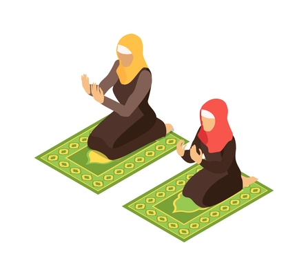 Isometric arab family composition with view of adult women praying on carpets on blank background vector illustration