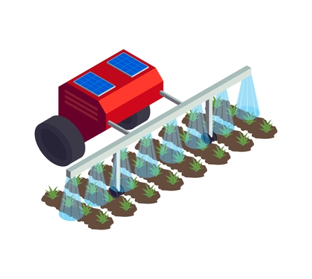 Isometric smart farm agriculture automation composition with isolated image of unmanned trailer watering plants on field vector illustration