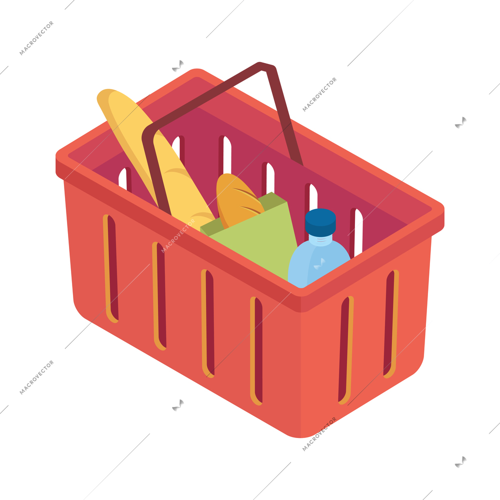 Supermarket isometric composition with isolated image of products in plastic basket on blank background vector illustration