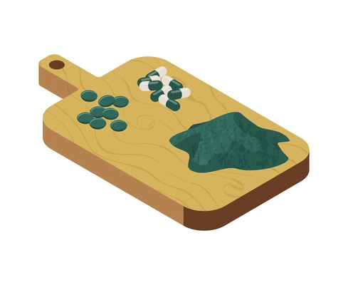 Spirulina isometric composition with view of spirulina pills tablettes and powder on wooden cutting board vector illustration