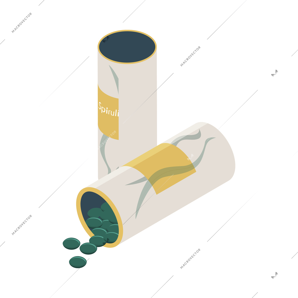 Spirulina isometric composition with images of tubes with green tablettes on blank background vector illustration