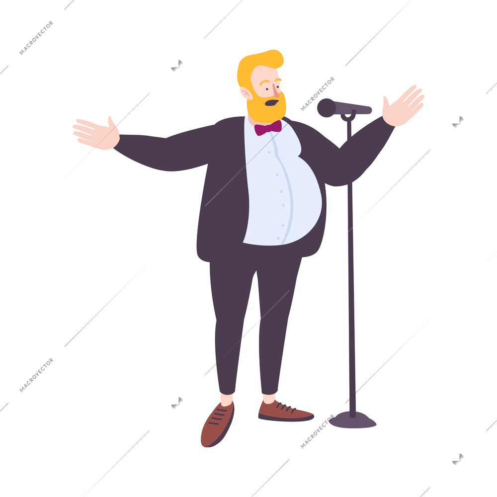 Singer character flat composition with isolated human character of performing man in smart suit vector illustration