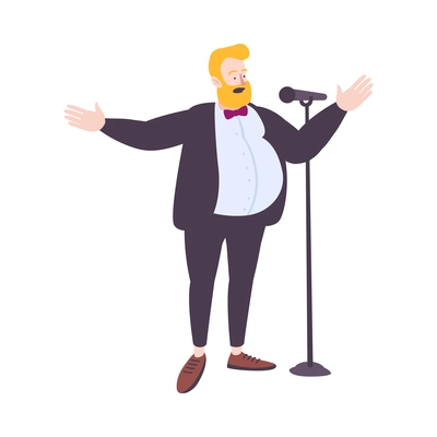 Singer character flat composition with isolated human character of performing man in smart suit vector illustration