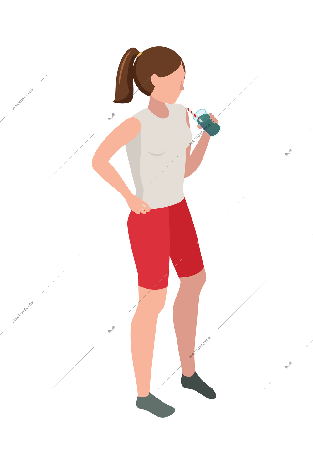 Spirulina isometric composition with isolated character of woman drinking spirulina cocktail vector illustration