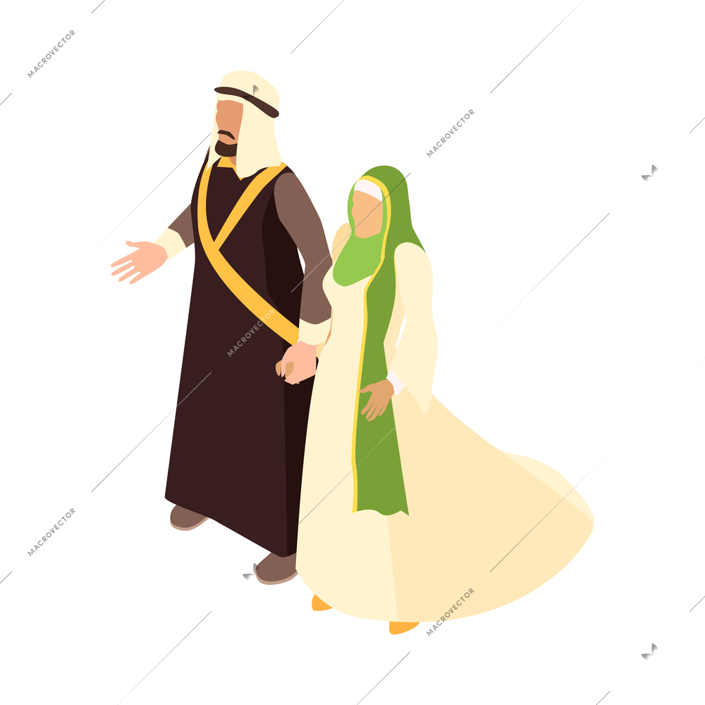 Isometric arab family composition with characters of arab couple in traditional clothes on blank background vector illustration