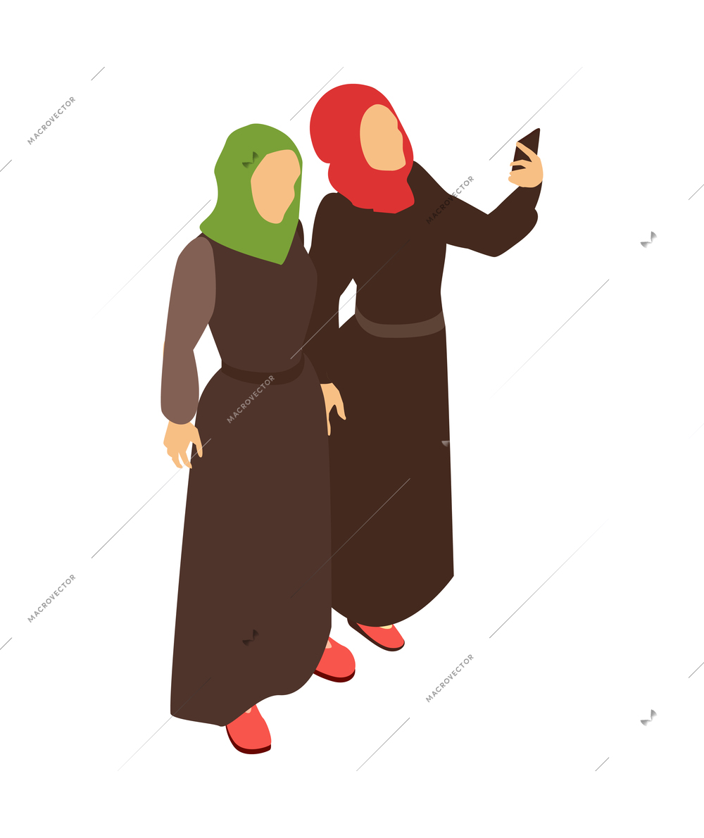 Isometric arab family composition with characters of female muslim driends making selfie on blank background vector illustration