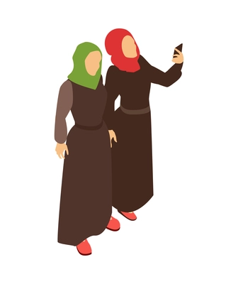 Isometric arab family composition with characters of female muslim driends making selfie on blank background vector illustration