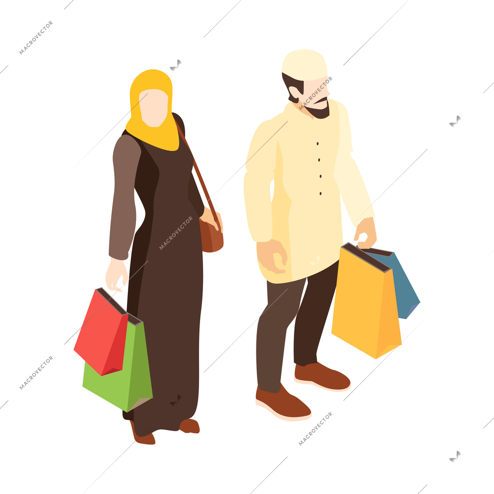 Isometric arab family composition with isolated characters of muslim woman and man holding shopping bags vector illustration