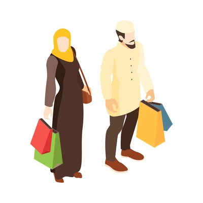 Isometric arab family composition with isolated characters of muslim woman and man holding shopping bags vector illustration