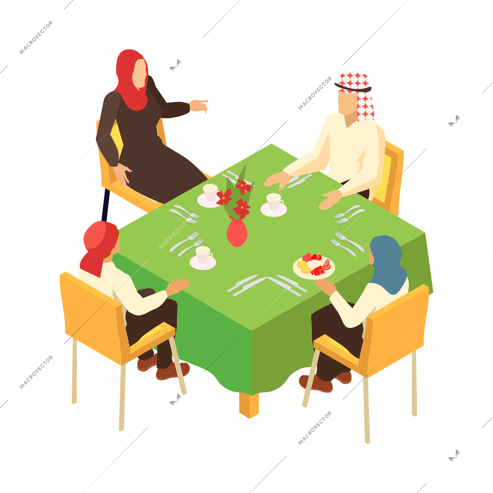 Isometric arab family composition with view of family members sitting at table with cups and dish vector illustration