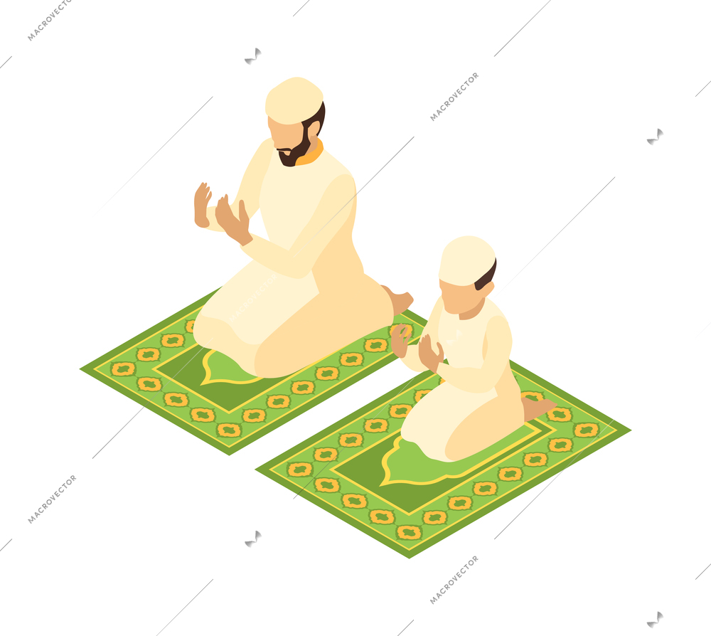 Isometric arab family composition with view of adult man and child praying on carpets vector illustration